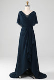 Navy Asymmetrical Sequins Chiffon Mother of the Bride Dress With Beading
