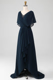 Navy Asymmetrical Sequins Chiffon Mother of the Bride Dress With Beading