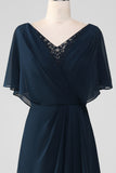 Navy Asymmetrical Sequins Chiffon Mother of the Bride Dress With Beading