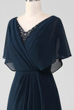 Navy Asymmetrical Sequins Chiffon Mother of the Bride Dress With Beading
