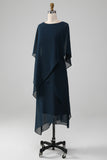 Navy A-Line Scoop Tea-Length Chiffon Mother of the Bride Dress