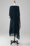 Navy A-Line Scoop Tea-Length Chiffon Mother of the Bride Dress