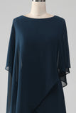 Navy A-Line Scoop Tea-Length Chiffon Mother of the Bride Dress