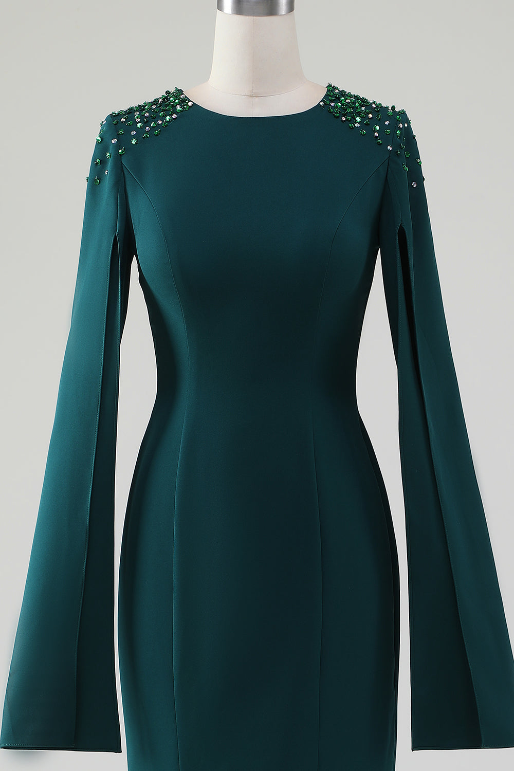 Dark Green Mermaid Round Neck Mother Of Bride Dress With Beaded Cape Sleeves