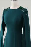 Dark Green Mermaid Round Neck Mother Of Bride Dress With Beaded Cape Sleeves