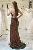 Green Mermaid Spaghetti Straps Sparkly Sequins Prom Dress with Slit