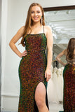 Green Mermaid Spaghetti Straps Sparkly Sequins Prom Dress with Slit