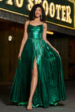 Sparkly Dark Green A-Line Cowl Neck Pleated Metallic Prom Dress with Slit