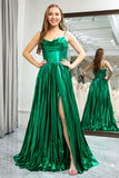 Dark Green A-Line Cowl Neck Pleated Sparkly Prom Dress with Side Slit