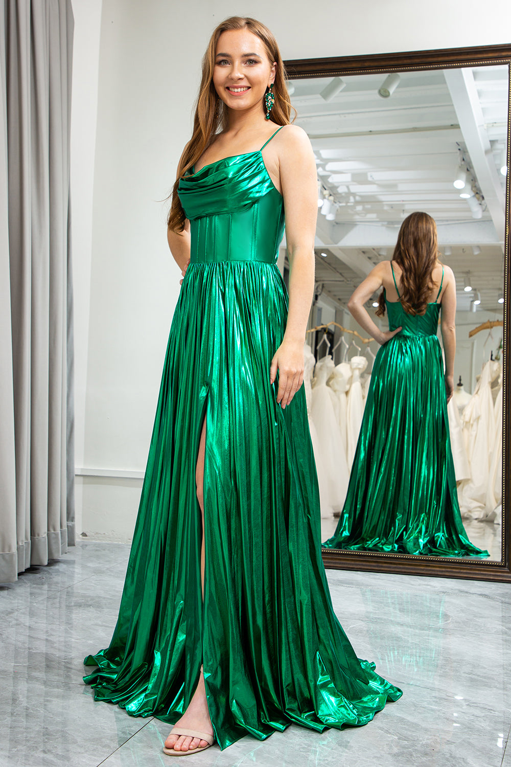 Dark Green A-Line Cowl Neck Pleated Sparkly Prom Dress with Side Slit