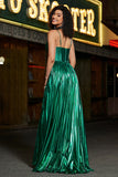 A-Line Cowl Neck Pleated Sparkly Dark Green Prom Dress with Slit