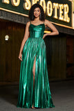 A-Line Cowl Neck Pleated Sparkly Dark Green Prom Dress with Slit