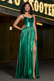 Sparkly Dark Green A-Line Cowl Neck Pleated Metallic Prom Dress with Slit