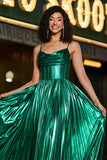 Sparkly Dark Green A-Line Cowl Neck Pleated Metallic Prom Dress with Slit