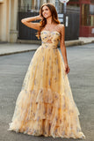 Champagne A-Line Halter Floral Print Pleated Tulle Tiered Long Prom Dress