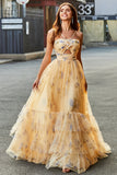 Champagne A-Line Halter Floral Print Pleated Tulle Tiered Long Prom Dress