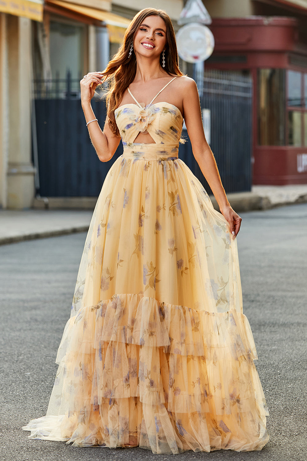Champagne A-Line Halter Floral Print Pleated Tulle Tiered Long Prom Dress