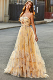 Champagne A-Line Halter Floral Print Pleated Tulle Tiered Long Prom Dress