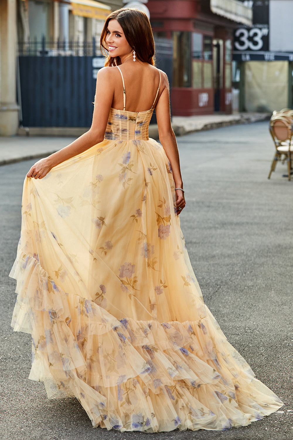 Champagne A-Line Halter Floral Print Pleated Tulle Tiered Long Prom Dress