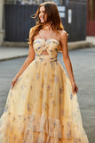 Champagne A-Line Halter Floral Print Pleated Tulle Tiered Long Prom Dress