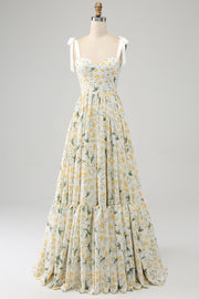 Ivory Flower A Line Spaghetti Straps Print Pleated Long Prom Dress