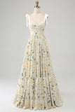 Ivory Flower A Line Spaghetti Straps Print Pleated Long Prom Dress