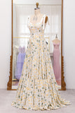 Ivory Flower A-Line Spaghetti Straps Print Pleated Long Prom Dress