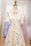 Ivory Flower A-Line Spaghetti Straps Print Pleated Long Prom Dress