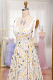 Ivory Flower A-Line Spaghetti Straps Print Pleated Long Prom Dress