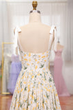 Ivory Flower A-Line Spaghetti Straps Print Pleated Long Prom Dress