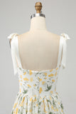 Ivory Flower A Line Spaghetti Straps Print Pleated Long Prom Dress