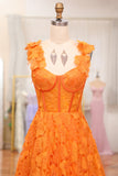 Orange A-Line Spaghetti Straps Applique Corset Long Prom Dress With Slit