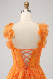 Orange A-Line Spaghetti Straps Corset Applique Prom Dress With Slit