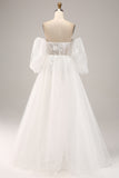 Ivory A Line Sweetheart Off The Shoulder Corset Wedding Dress with Appliques