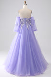 Lavender A Line Sweetheart Off The Shoulder Corset Prom Dress with Appliques