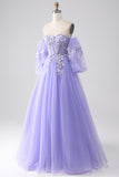 Lavender A Line Sweetheart Off The Shoulder Corset Prom Dress with Appliques