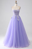 Lavender A Line Sweetheart Off The Shoulder Corset Prom Dress with Appliques