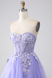 Lavender A Line Sweetheart Off The Shoulder Corset Prom Dress with Appliques