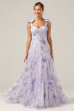 Lilac A-Line Floral Print Lace-Up Back Wedding Party Dress with Shoulder Bows