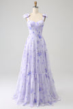 Lilac A-Line Floral Print Lace-Up Back Wedding Party Dress with Shoulder Bows