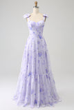 Lilac A-Line Floral Print Lace Up Floor Length Prom Dress