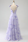 Lilac A-Line Floral Print Lace Up Floor Length Prom Dress