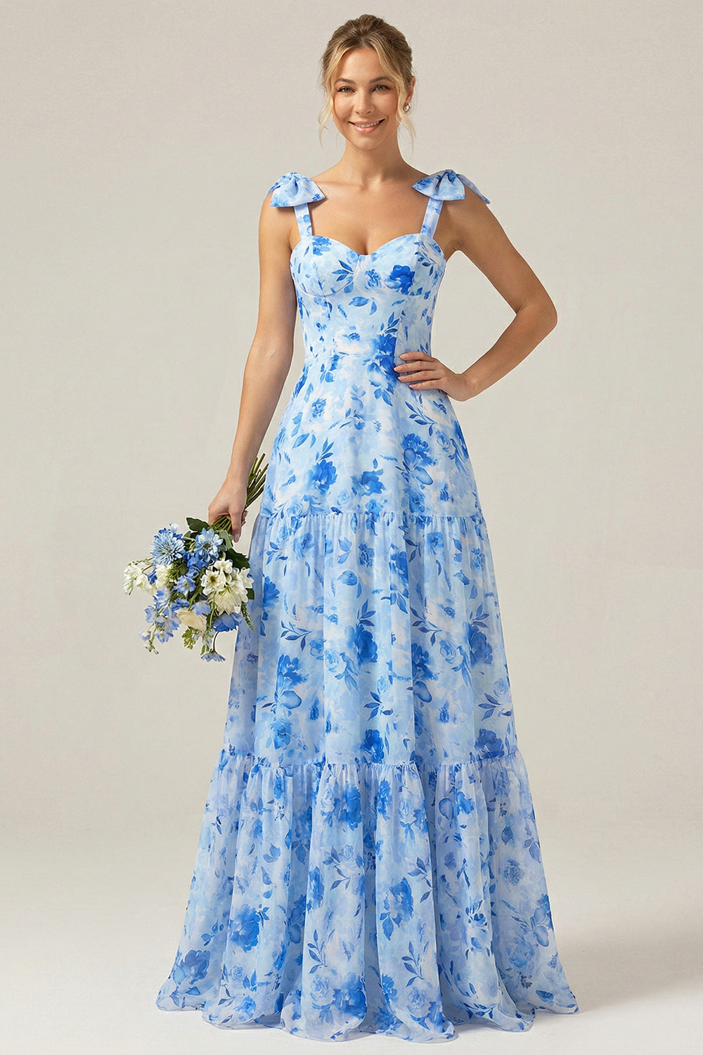 Wedtrend Women Lilac Floral Prom Dress A-Line Lace-Up Back Wedding Party Dress with Shoulder Bows, Blue / US10 Wedtrend Women Lilac Floral Prom Dress A-Line Lace-Up Back Wedding Party Dress with Shoulder Bows, Blue / US10