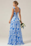 Blue A-Line Floral Print Lace-Up Back Wedding Party Dress with Shoulder Bows