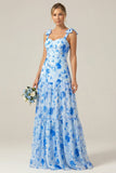 Blue A-Line Floral Print Lace-Up Back Wedding Party Dress with Shoulder Bows