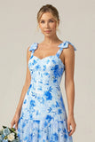 Blue A-Line Floral Print Lace-Up Back Wedding Party Dress with Shoulder Bows