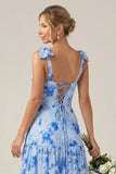 Blue A-Line Floral Print Lace-Up Back Wedding Party Dress with Shoulder Bows