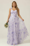 Lilac A-Line Floral Print Lace-Up Back Plus Size Wedding Party Dress with Shoulder Bows
