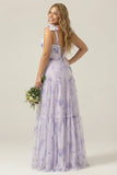 Lilac A-Line Floral Print Lace-Up Back Plus Size Wedding Party Dress with Shoulder Bows