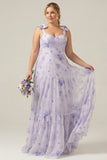 Lilac A-Line Floral Print Lace-Up Back Plus Size Wedding Party Dress with Shoulder Bows